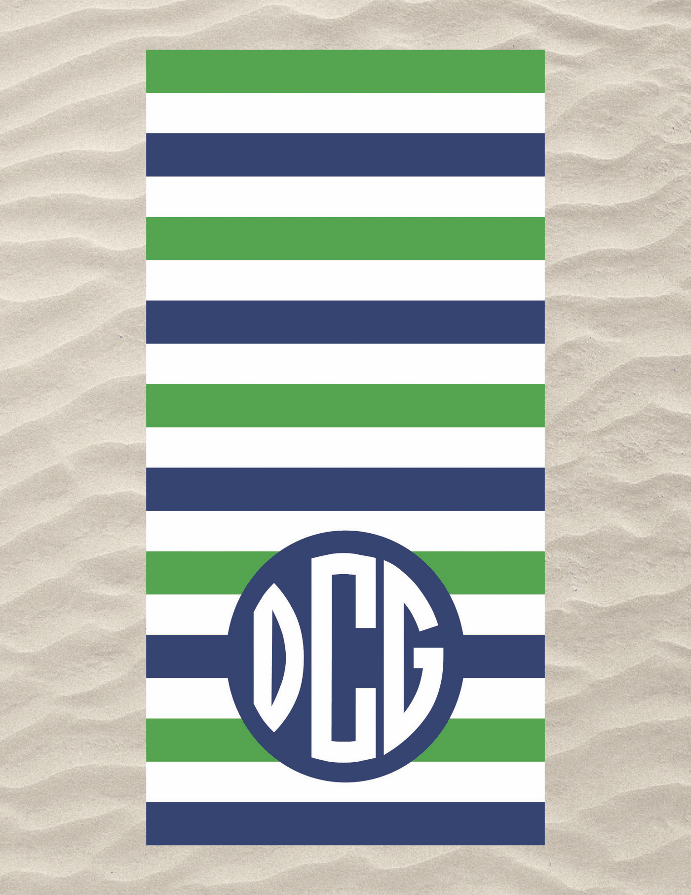 Navy Monogram - Green & Blue Stripe Beach Towel