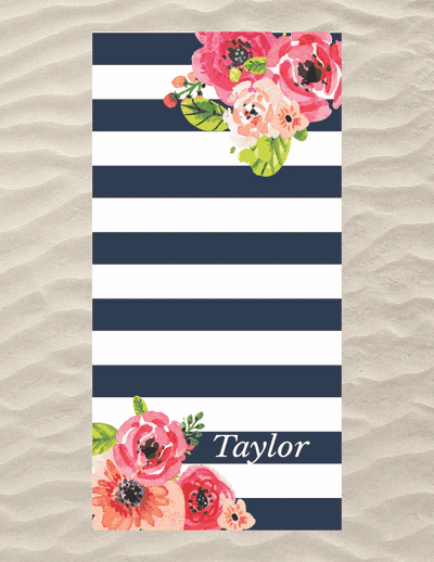 Navy Floral Stripe Beach Towel